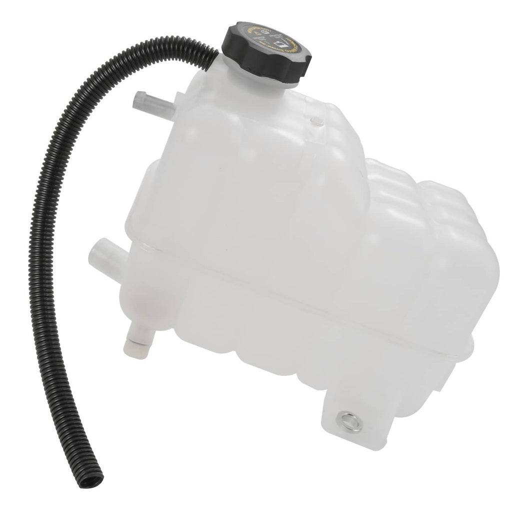 Coolant overflow reservoir tank with black cap and attached hose, white plastic