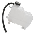 Coolant overflow reservoir tank with black cap and attached hose, white plastic