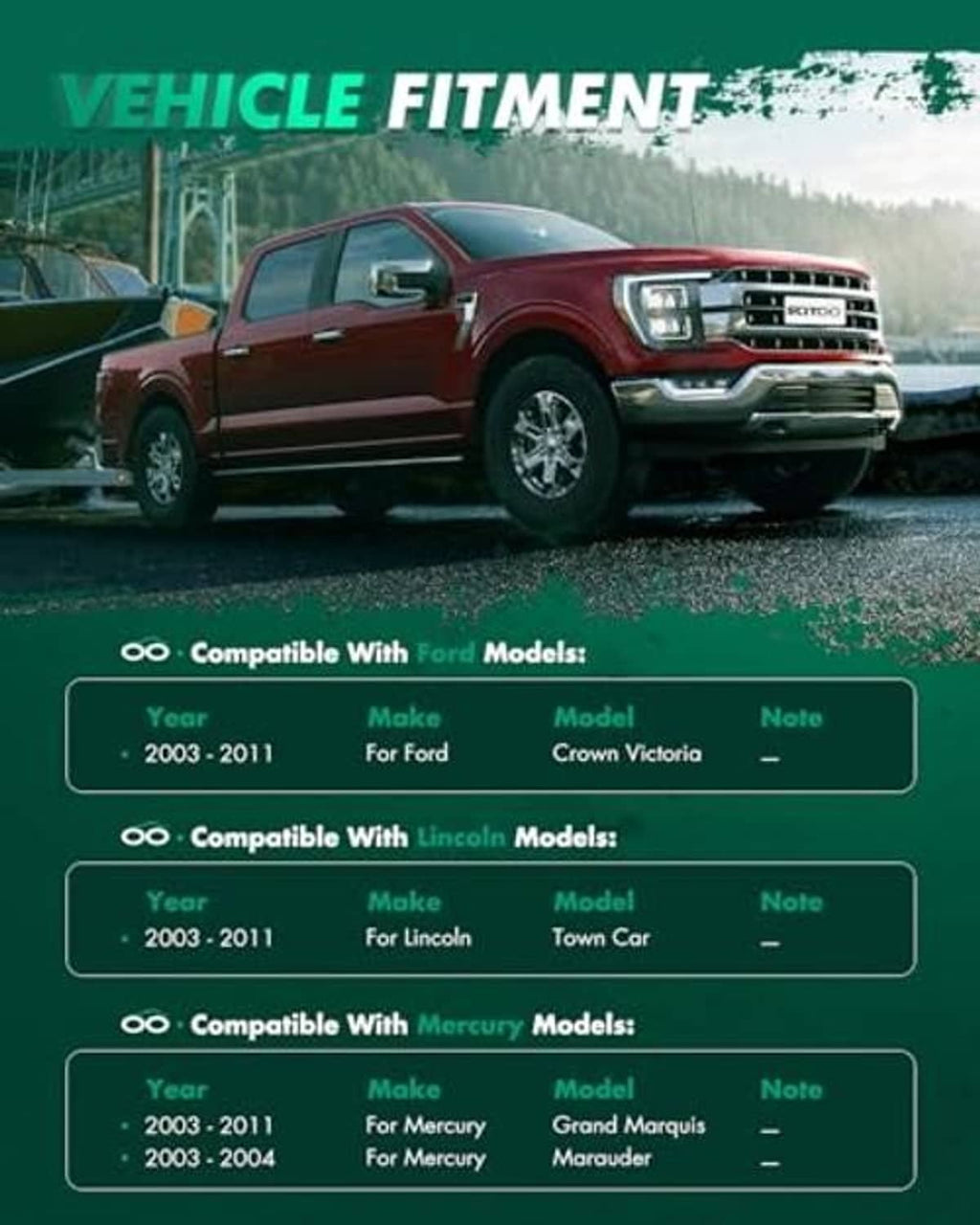 Vehicle fitment compatibility chart for upper suspension control arms by model year and make