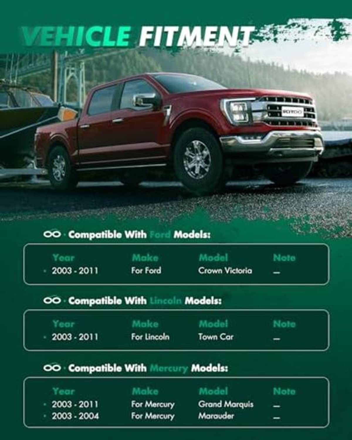 Vehicle fitment compatibility chart for upper suspension control arms by model year and make