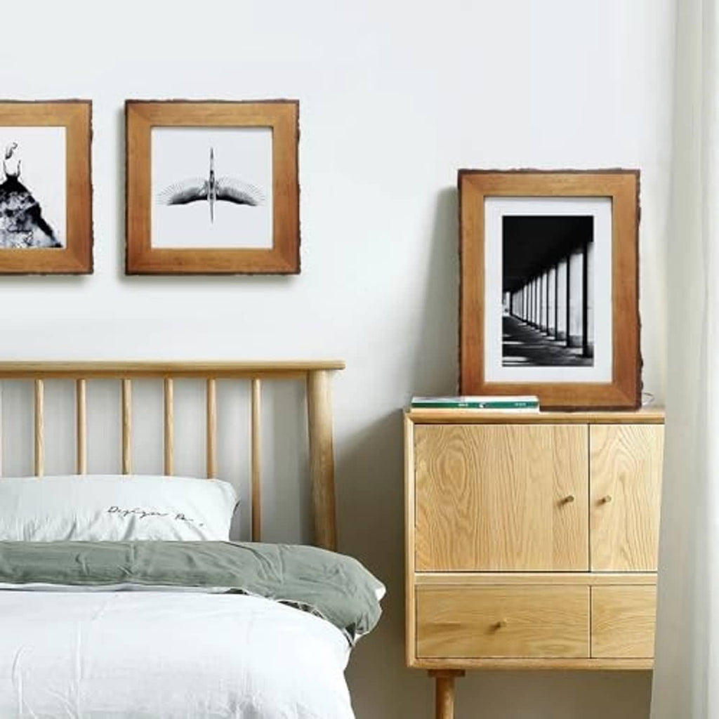 Rustic wood picture frames wall display with multiple square openings