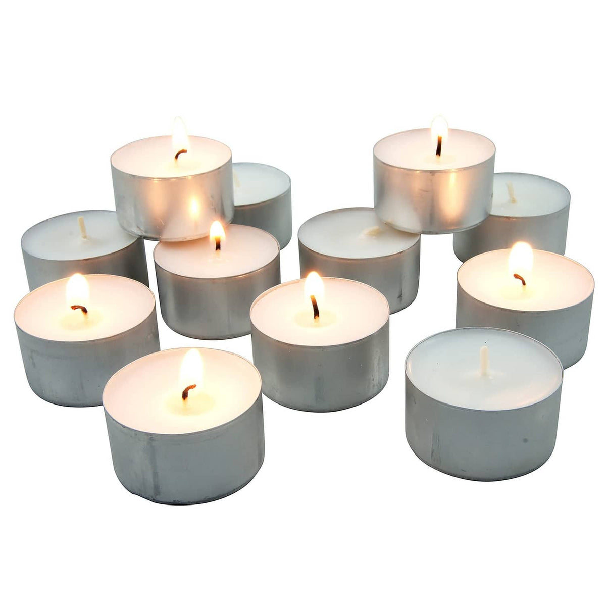 Cluster of white unscented tea light candles with flames in different cups