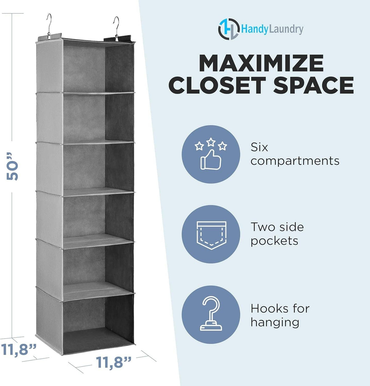 Gray hanging closet organizer with 6 open shelves and two hanging hooks
