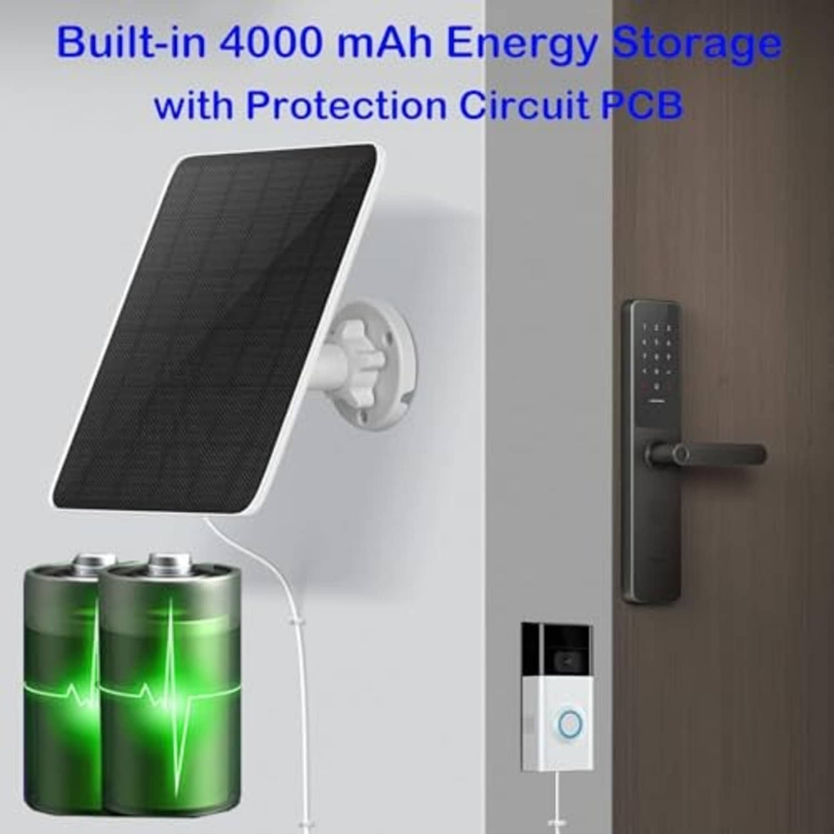 Solar charger with black panel and wall-mounted doorbell power module plus battery storage