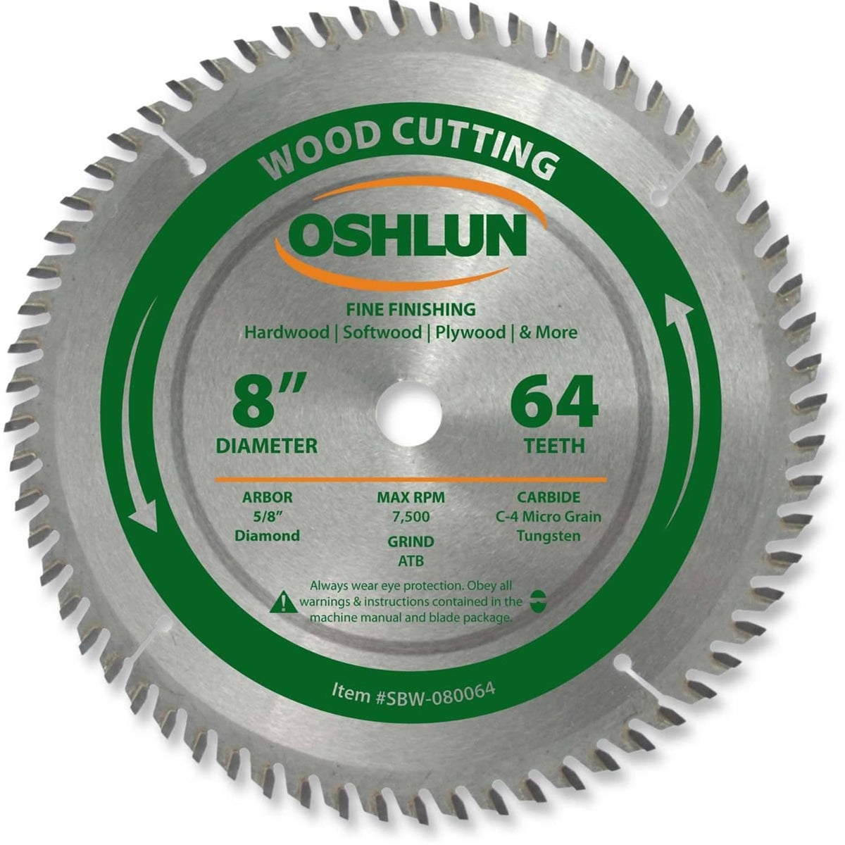 Oshlun 8-inch 64-tooth fine finishing saw blade with arbor hole, carbide teeth