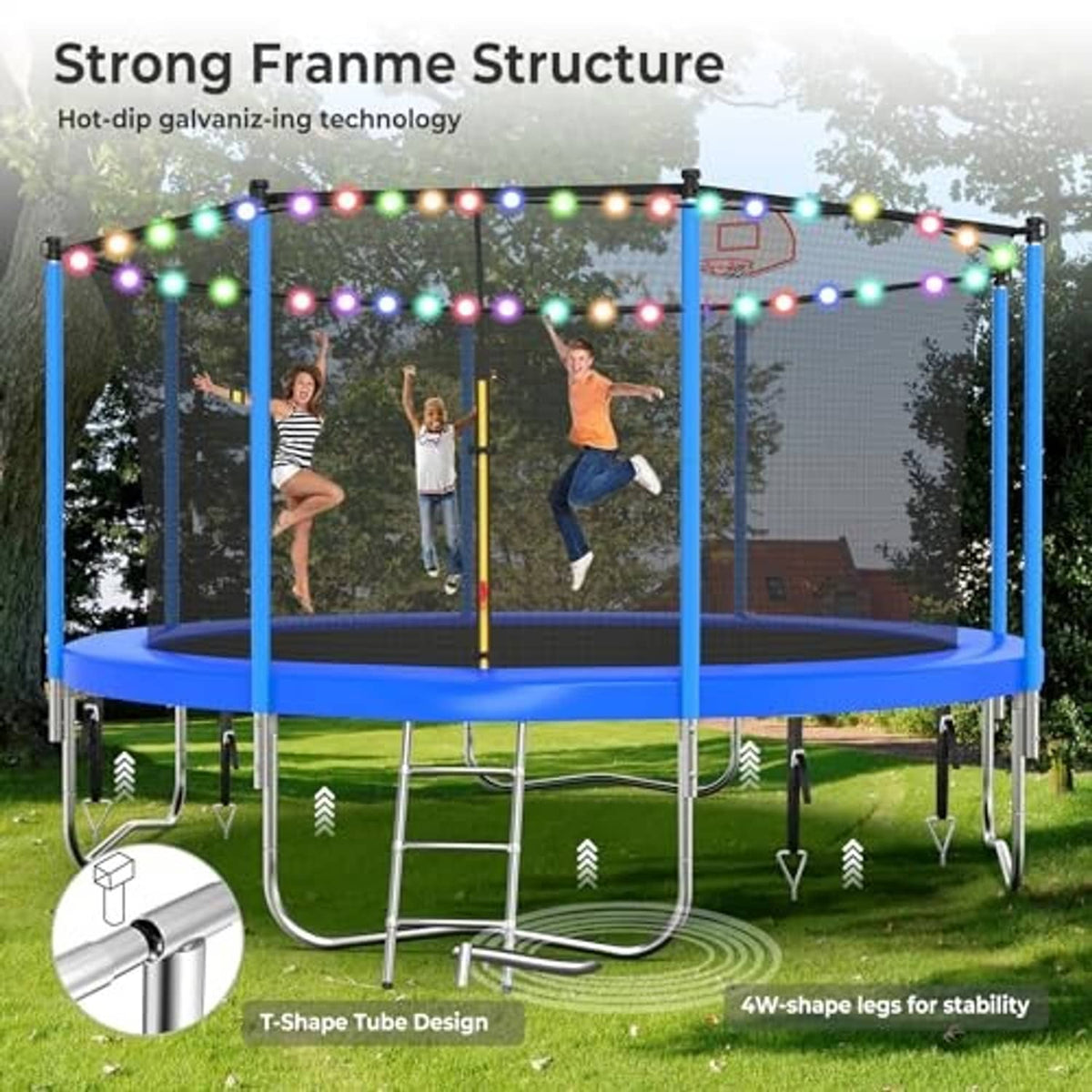 Blue trampoline with safety enclosure net, jumping mat, and multicolor string lights