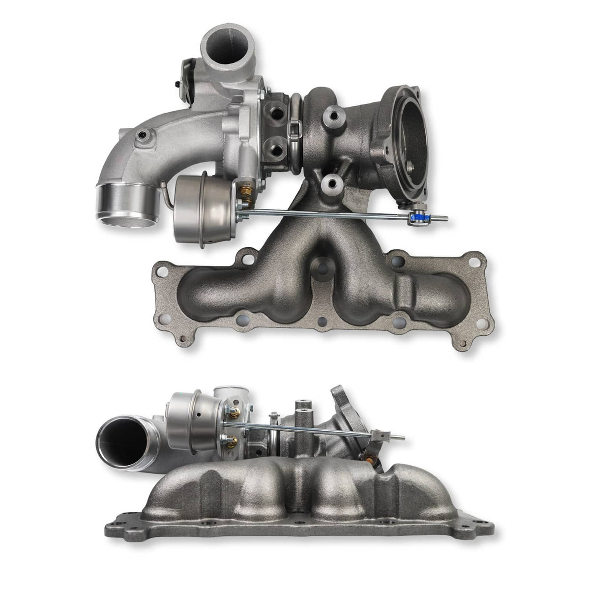 Turbocharger assembly with black exhaust manifold and silver compressor housing, front view