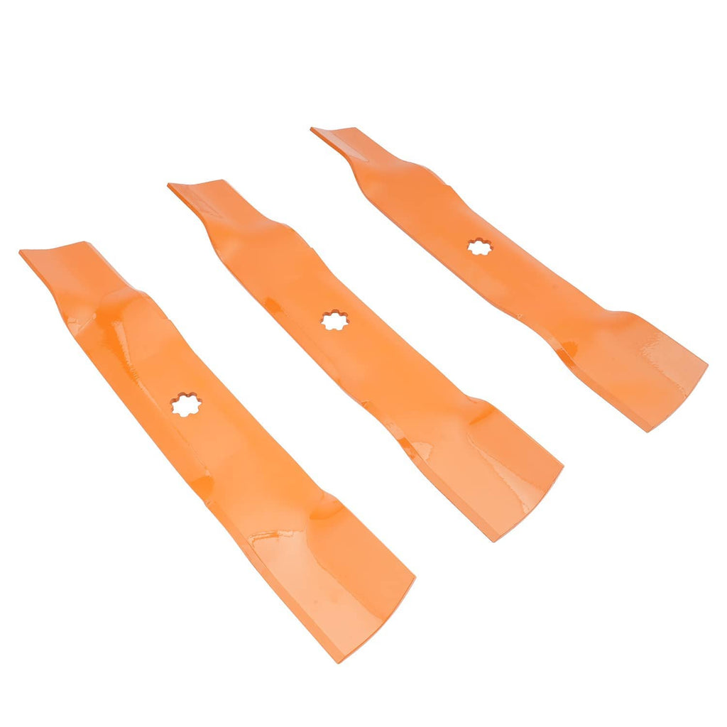 Three orange mower deck blades shown side by side with center star mounting holes