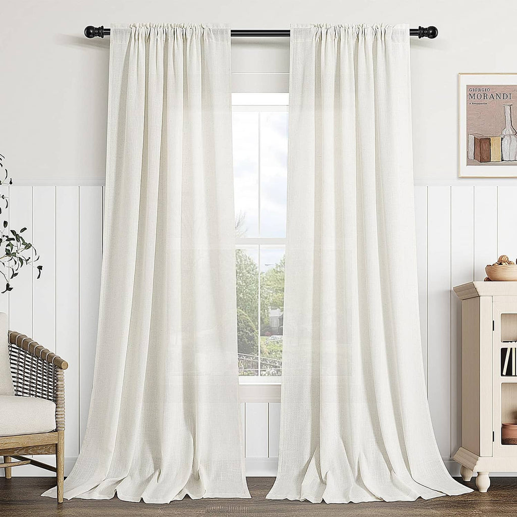 Natural linen curtains, floor-length panels with gathered top and black rod rings