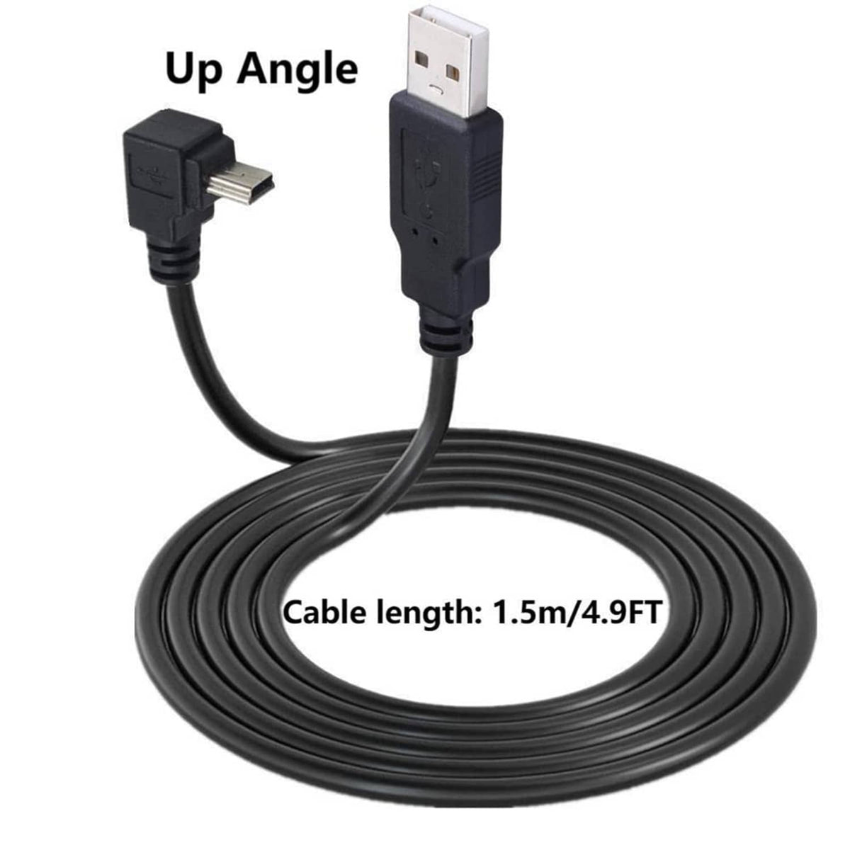Black mini USB extension cable, up-angle mini USB-B to USB-A, 4.9FT length