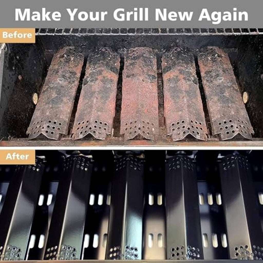 Porcelain steel replacement heat plates for gas grill burner bars (before/after)