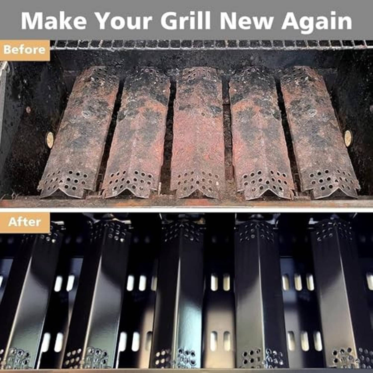 Porcelain steel replacement heat plates for gas grill burner bars (before/after)