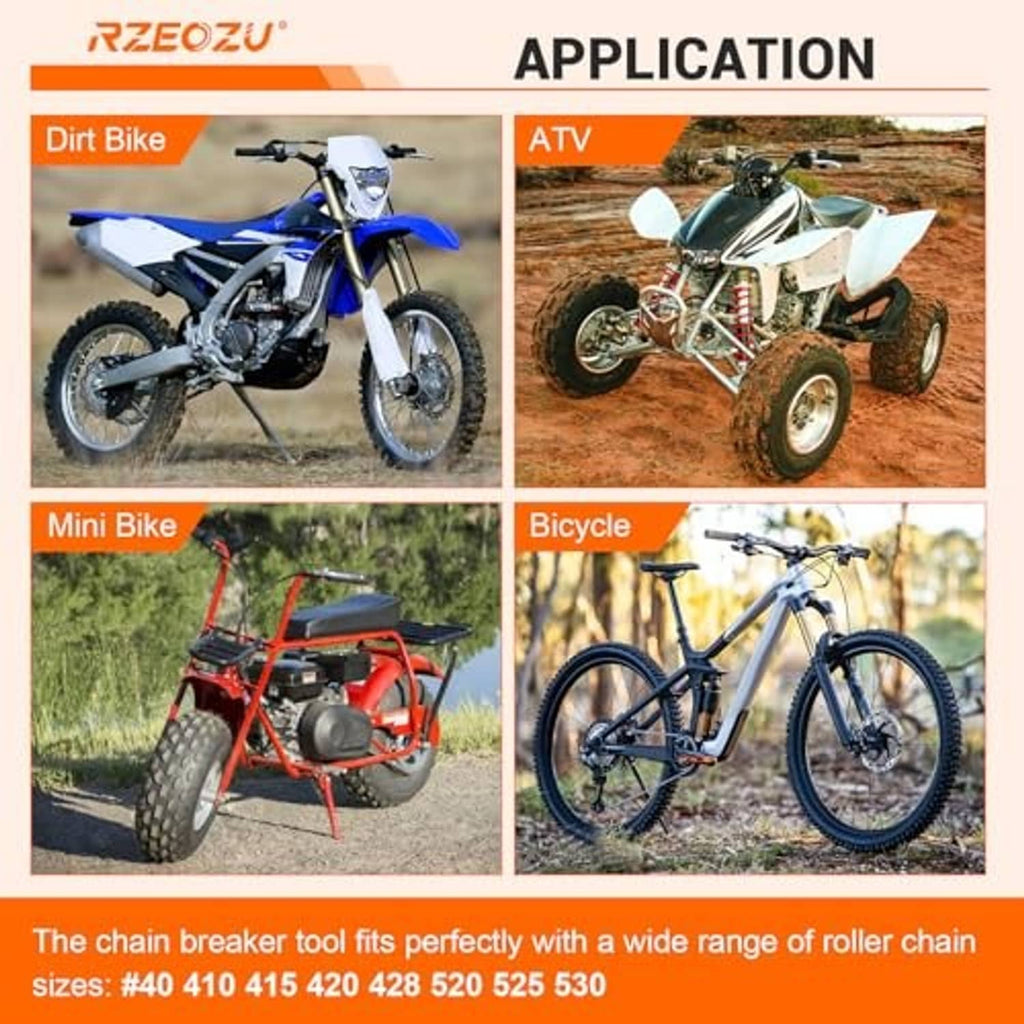Chain breaker tool application overview graphic showing use across multiple bike types