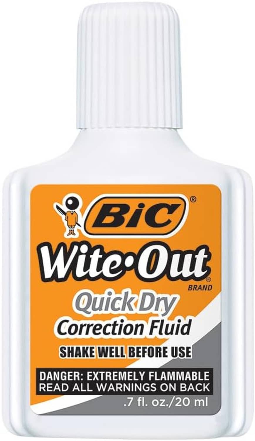 White correction fluid bottle with ribbed cap and orange BIC Wite-Out label