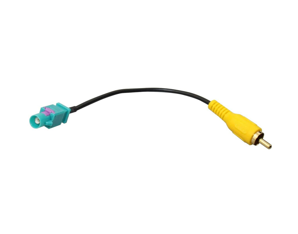 Antenna adapter cable with yellow RCA male plug and teal Fakra male end connector