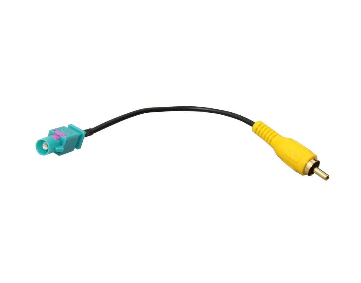 Antenna adapter cable with yellow RCA male plug and teal Fakra male end connector