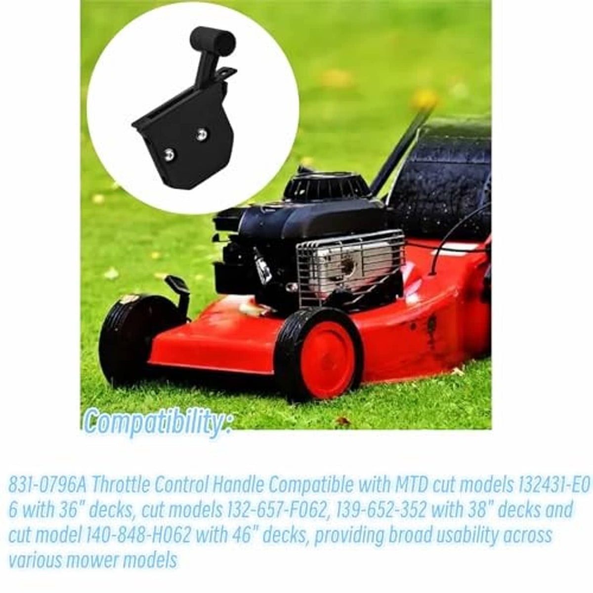 Throttle control handle on a red lawn mower, black bracket and knob