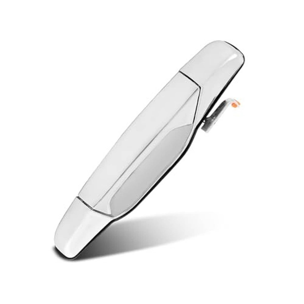 Silver exterior door handle for front right side passenger, angled detail view
