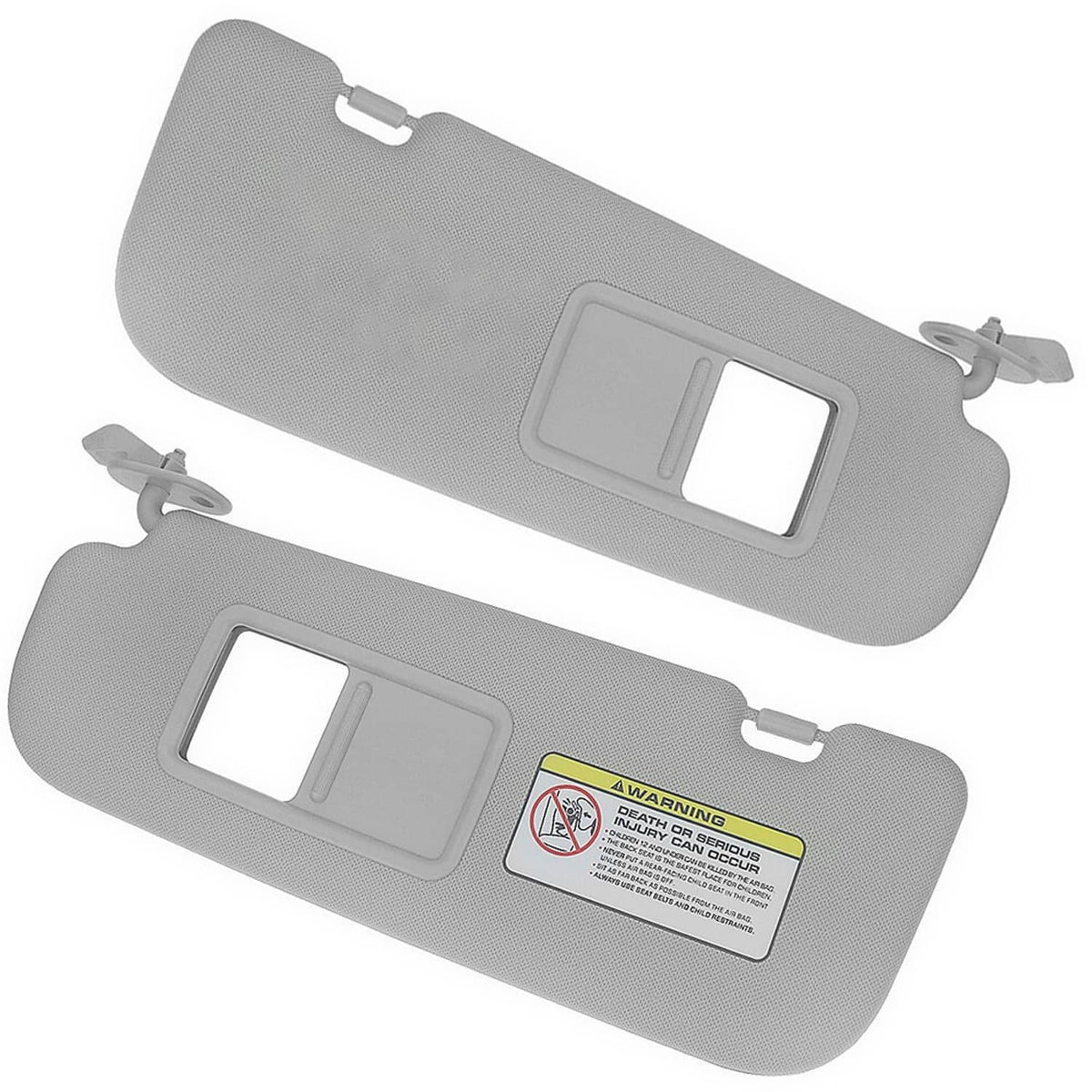 Light gray sun visor set with mirror cutouts and attachment clips