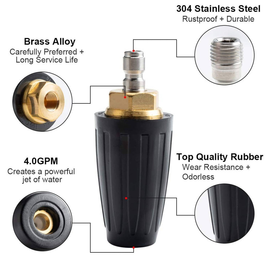 Black turbo nozzle with brass alloy inlet, stainless steel insert, 4.0 GPM