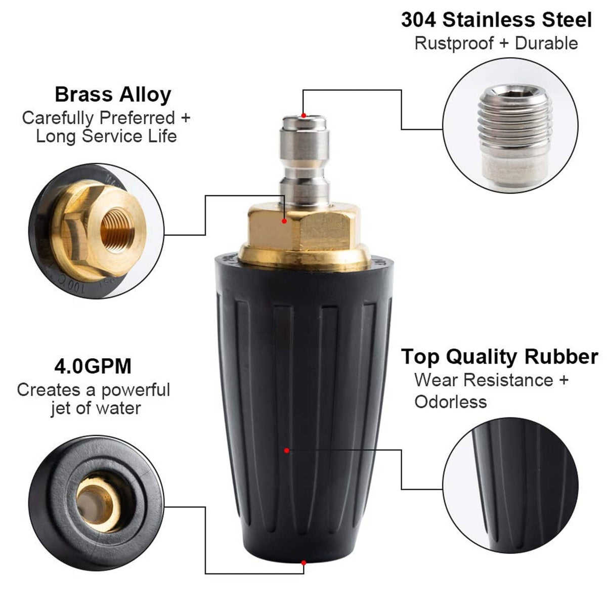 Black turbo nozzle with brass alloy inlet, stainless steel insert, 4.0 GPM