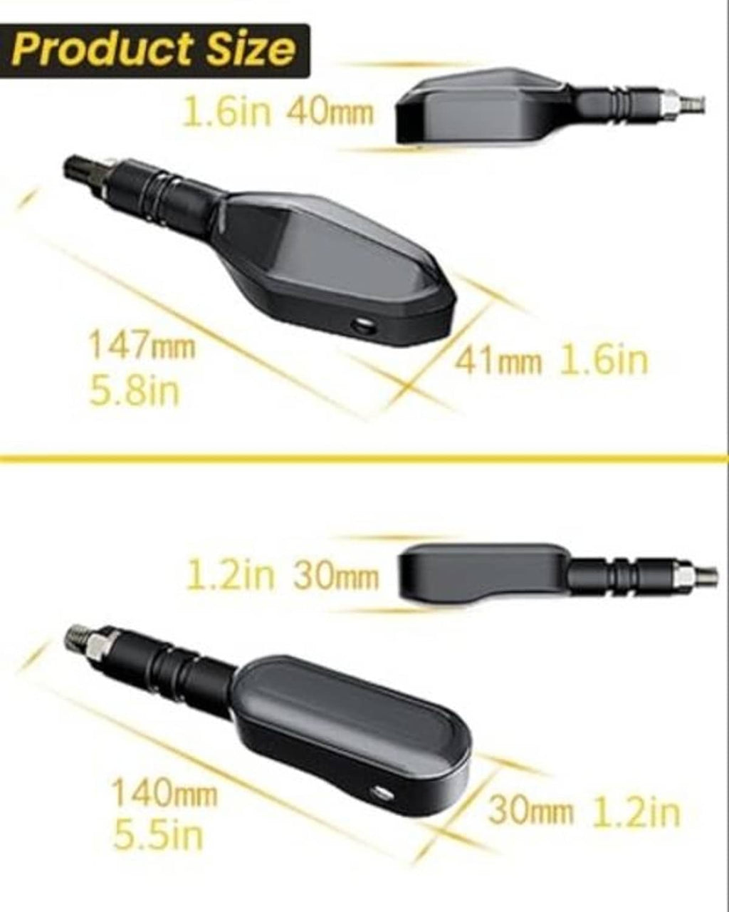 Two black oval LED turn signal projector lights with length size guide markings