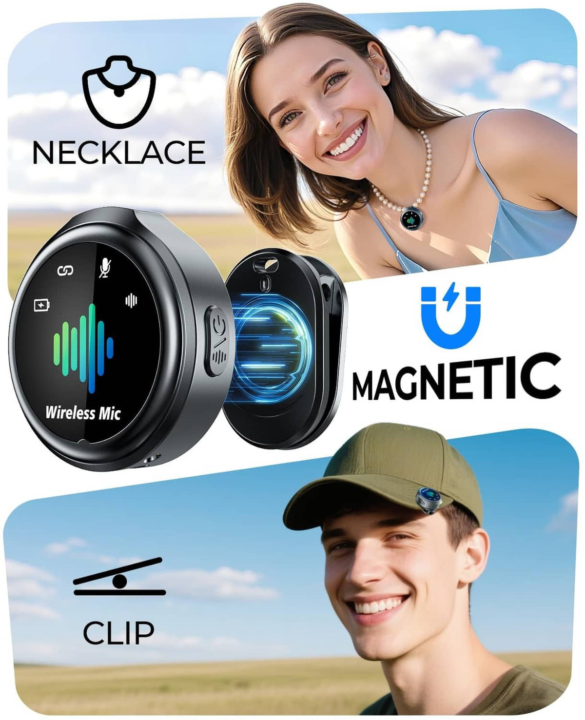 Black magnetic wireless microphone with clip and necklace-style carry