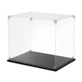 Clear acrylic display case with dark base and triangular corner fittings, 10x10x8 in