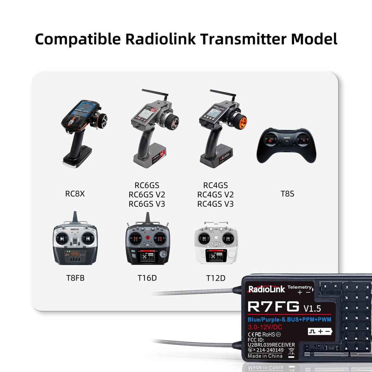 RC gyro receiver shown with compatible Radiolink transmitter models chart