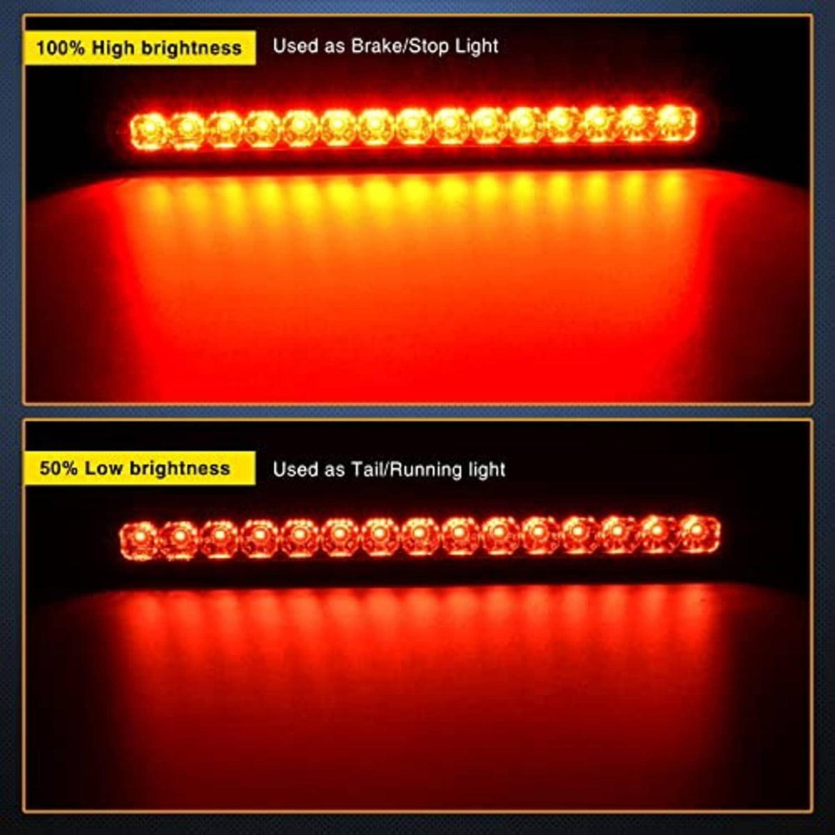 Red LED light bar illuminated, showing bright stop/turn and dim tail/running modes