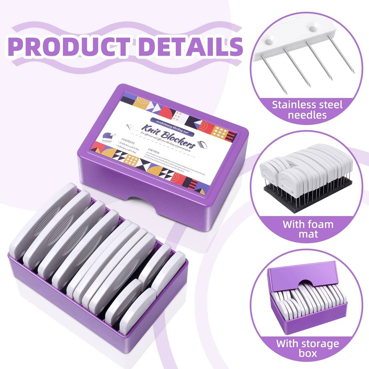 Knit blocker combs with stainless steel needles, foam mat, and purple storage box