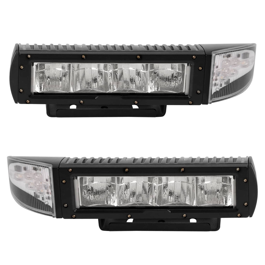 Pair of LED plow lights with black housings, clear center lenses, and amber side markers