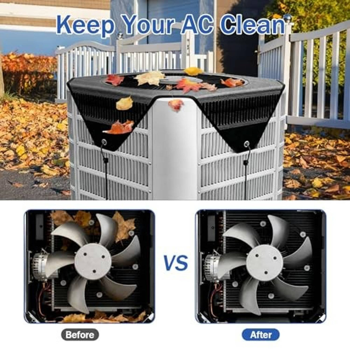 Outdoor AC unit cover with black leaf-pattern mesh top and gray sides