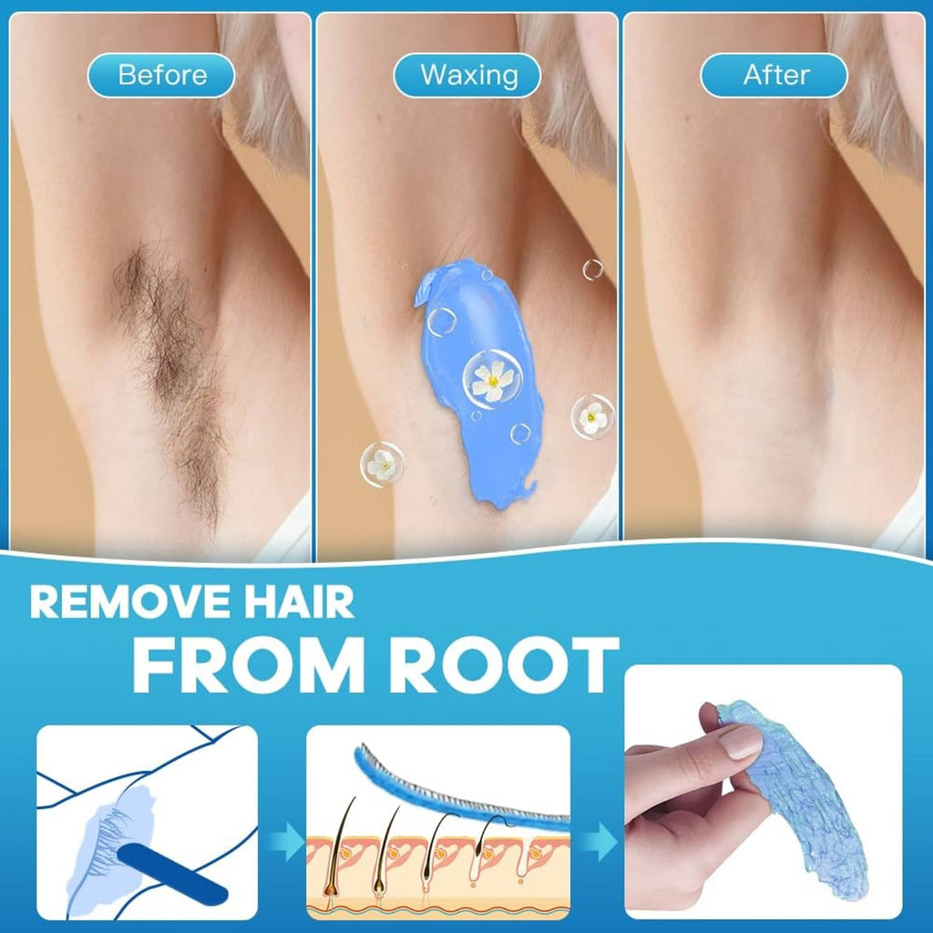 Blue hard wax applied to skin using a gloved hand