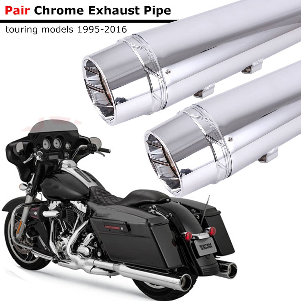 Pair chrome exhaust pipes, slip-on style with large flared outlet ends and brackets