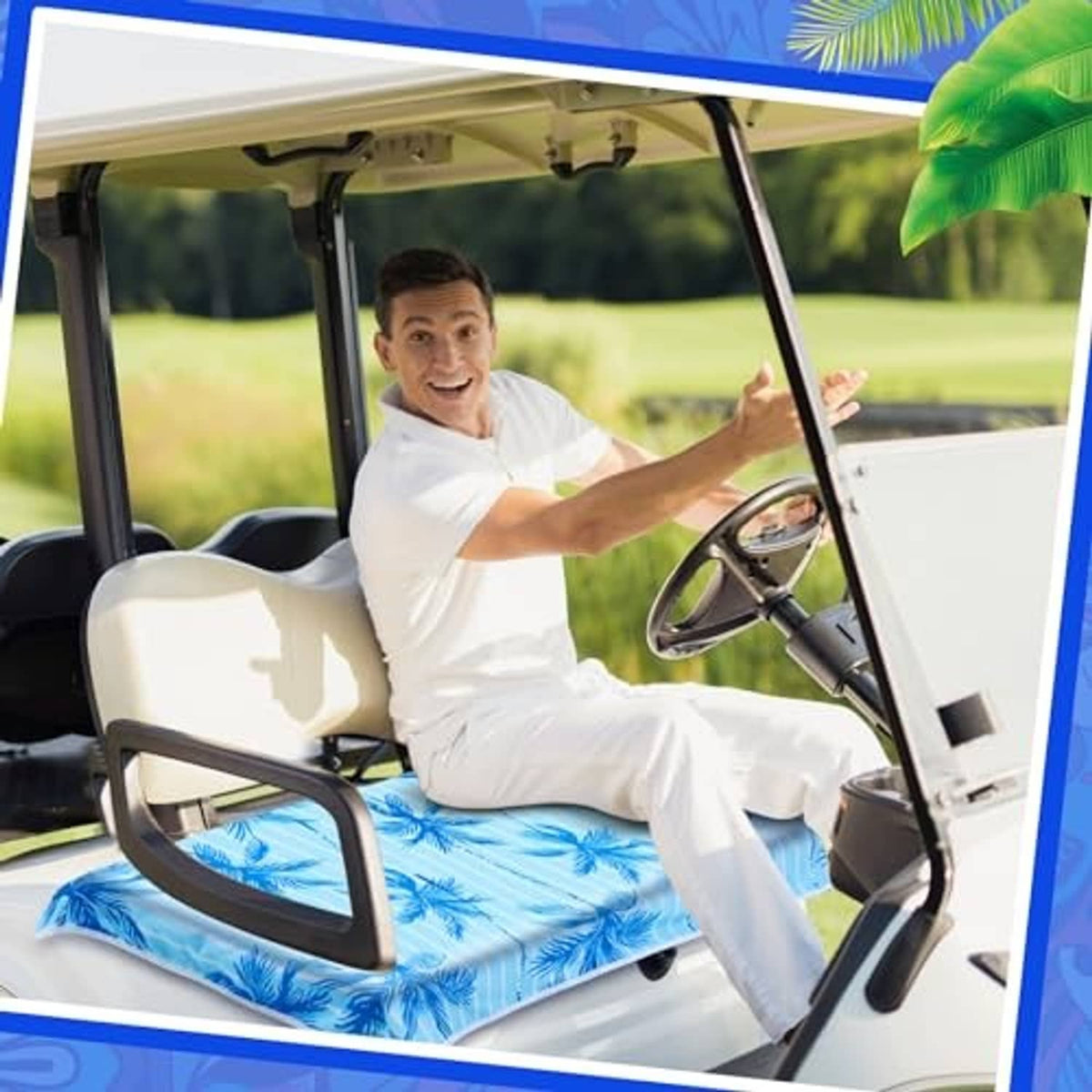 Golf cart seat cover with blue tropical palm leaf pattern on a fitted cushion