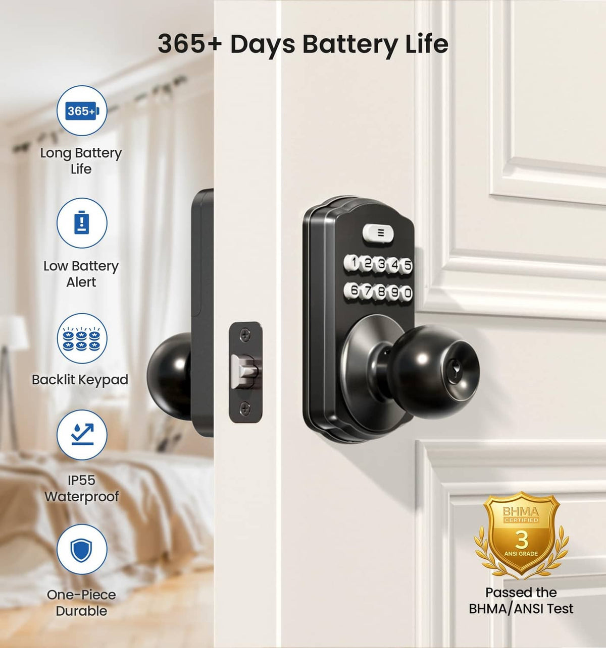 Black digital keypad door lock with backlit keypad and round thumb turn