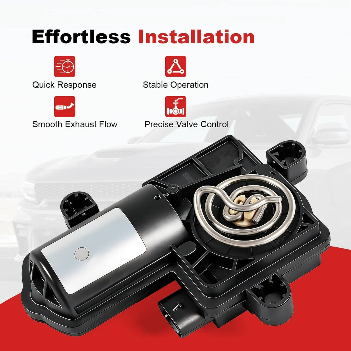 Active exhaust valve actuator with black housing and exposed silver coil mechanism