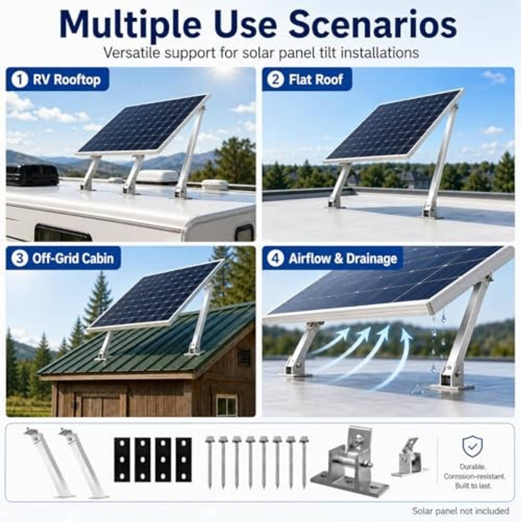 Solar panel tilt mount on rooftop with two silver adjustable legs and clamp bases