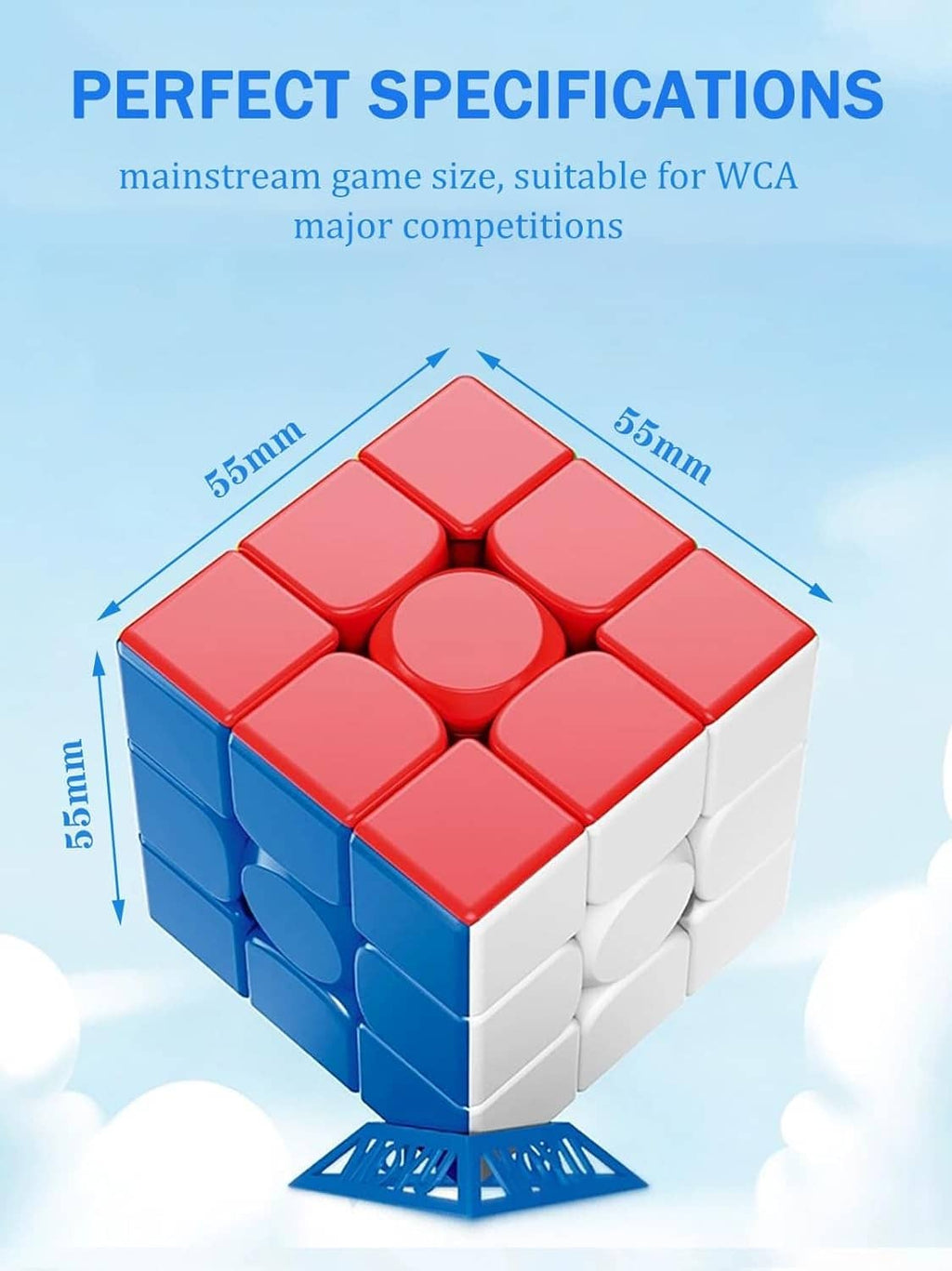 3x3 speed cube with red top, blue sides, and white bottom, stickerless design