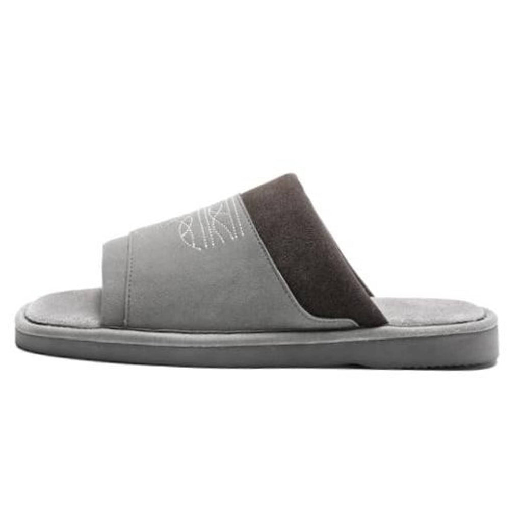Grey men's open-toe suede slide slippers, square toe, western embroidery