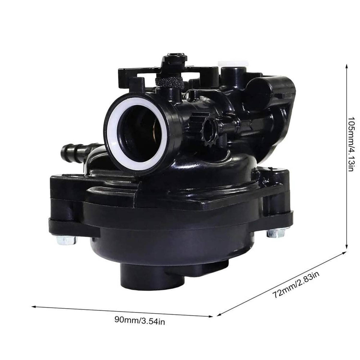 Black carburetor with round intake bore and mounting bracket, side adjustment parts