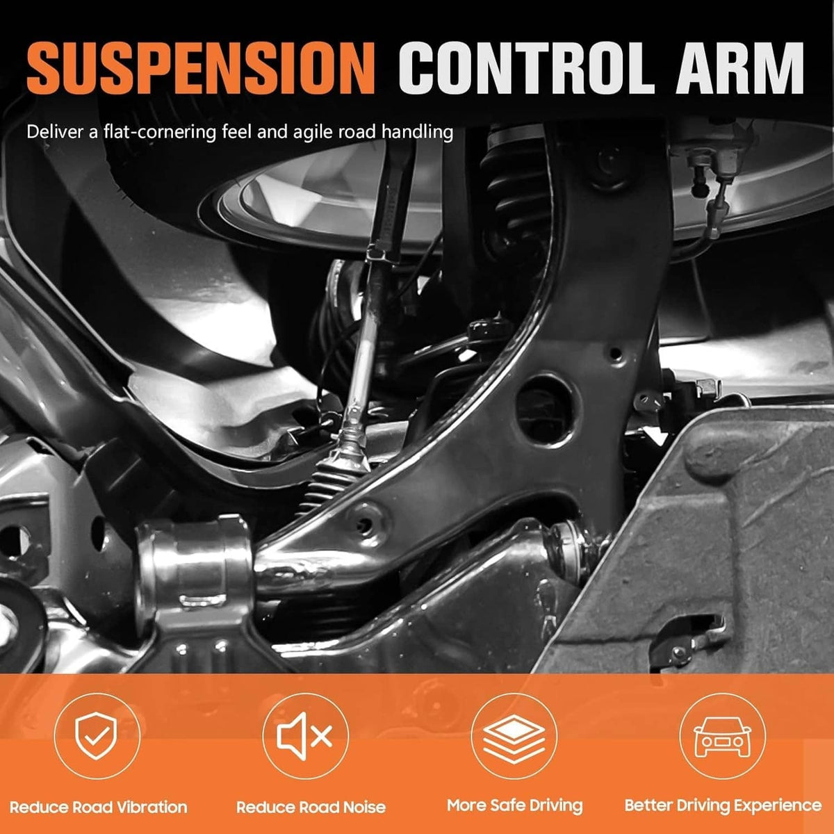 Under-vehicle suspension control arm components with mounting brackets and joints