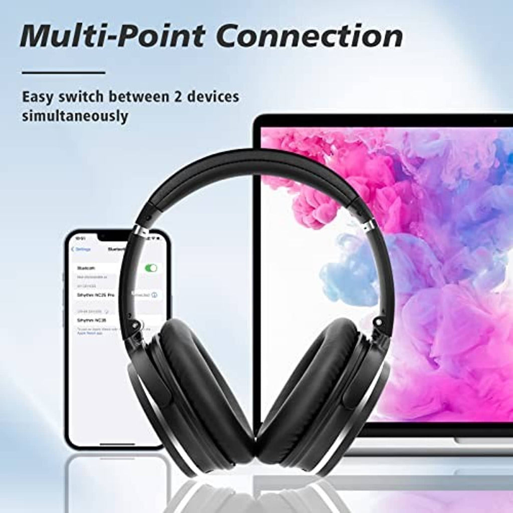 Black over-ear noise-cancelling headphones with rounded ear cups, front view