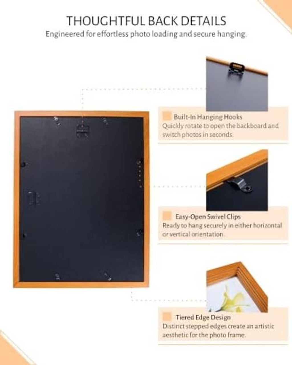 Black wooden picture frame back with hanging hooks and swivel clip details