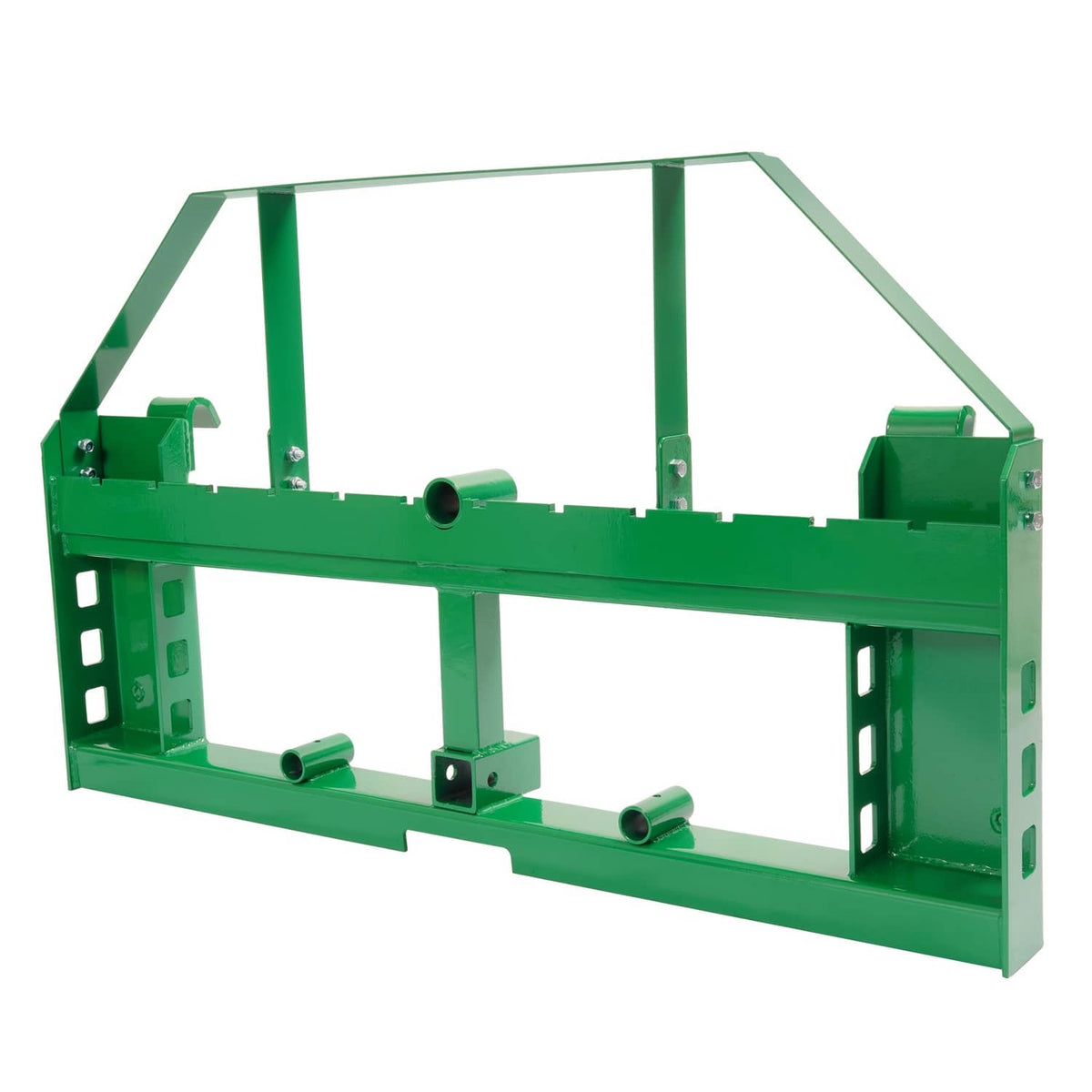 Green pallet fork frame with fork rails, upright sides, and mounting holes