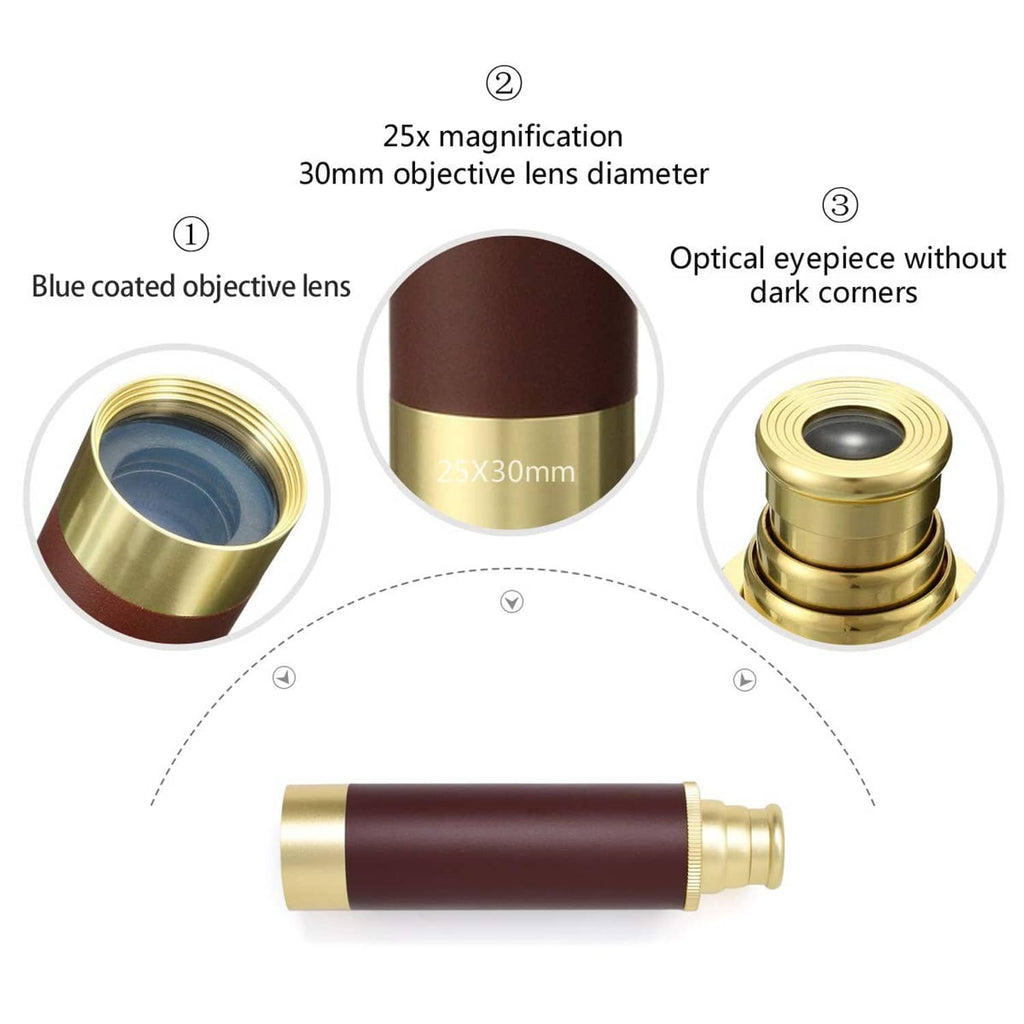 Pirate monocular telescope features chart with 25x lens and blue coated objective