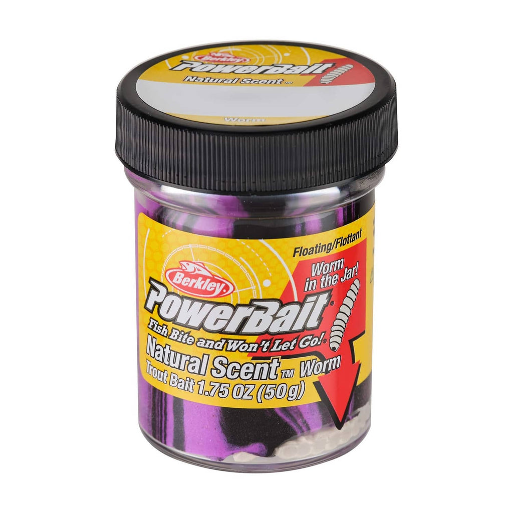 Berkley Powerbait fishing bait jar, purple worm bait in clear container, 1.75 oz