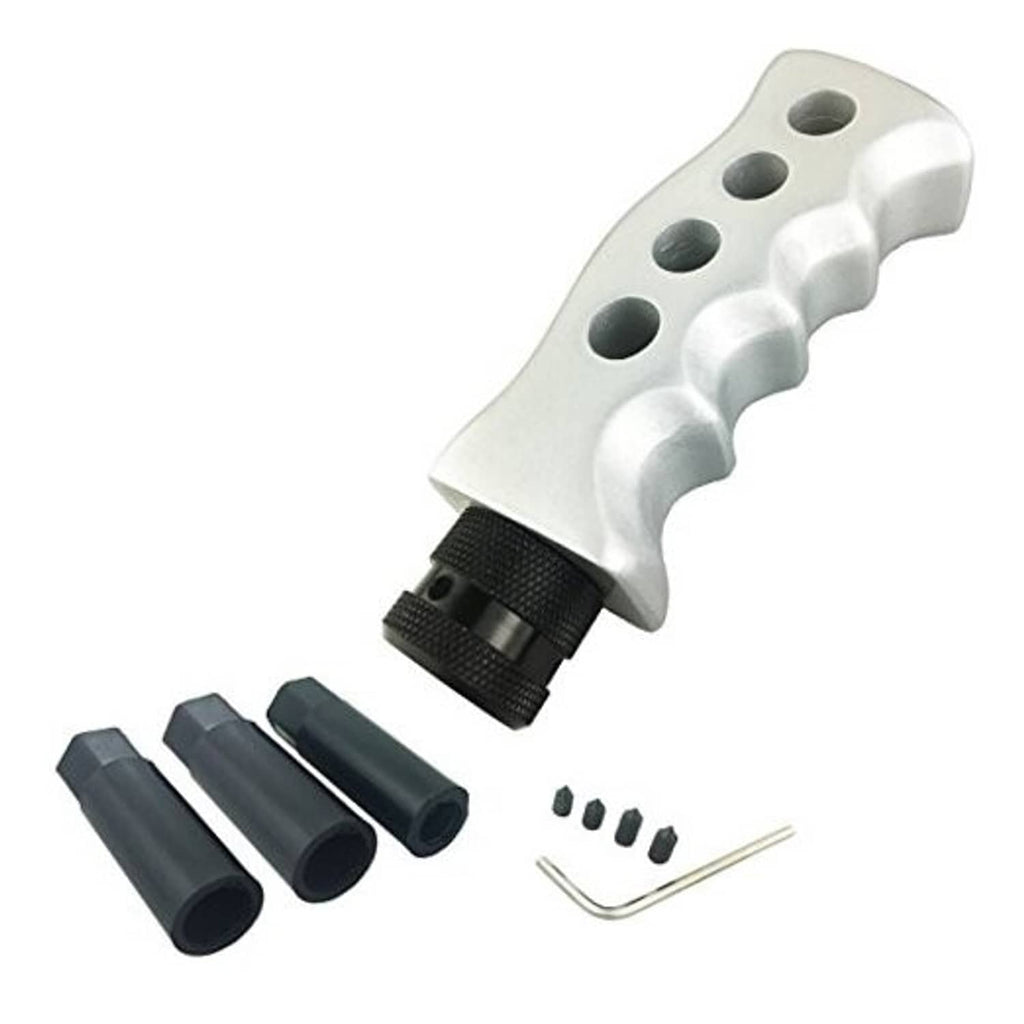 Silver racing gear shift knob with black textured base and screw tool, replacement set