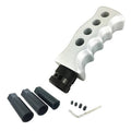 Silver racing gear shift knob with black textured base and screw tool, replacement set